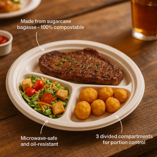 800 PCs of 9″ 3-Compartment Biodegradable Bagasse Plates – Eco-Friendly, Leak-Proof & Disposable | Material: Sugarcane Pulp | Size: 9 Inch | Compartments: 3 | Color: Natural Brown | Category: Plates