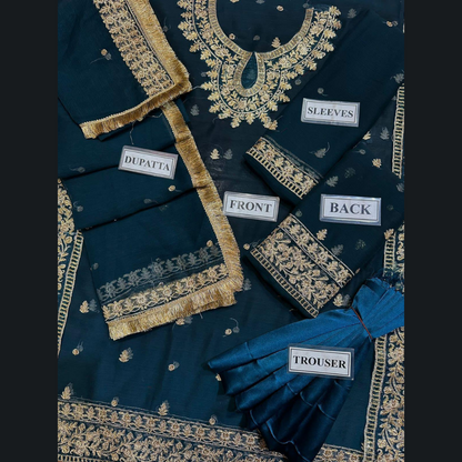 Organic Pakistani Pure The Royal Touch - Blue Unstitched Embroidered Chiffon Suit with Silk Trouser Wholesale Price for Dealers & Resellers