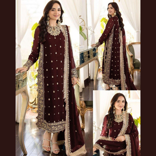 Organic Pakistani Pure The Royal Touch - Maroon Unstitched Embroidered Chiffon Suit with Silk Trouser Wholesale Price for Dealers & Resellers