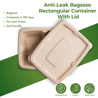 300 PCs of 500ml Rectangular Biodegradable Bagasse Containers with Lid – Eco-Friendly, Anti-Leak & Disposable | Size: Length 18 cm × Breadth 14 cm × Height 4.5 cm | Shape: Rectangular | Color: Natural Brown | Category: Containers