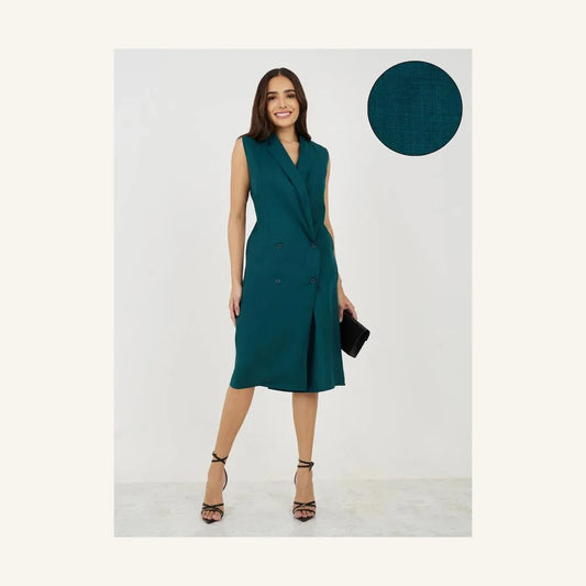 teal solid notch lapel sleeveless blazer midi dress for women