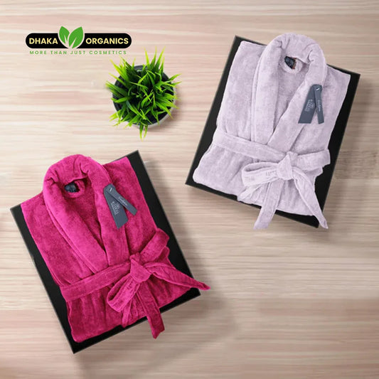 Luxury couple velour bathrobe set with slippers in white and pink cotton fabric