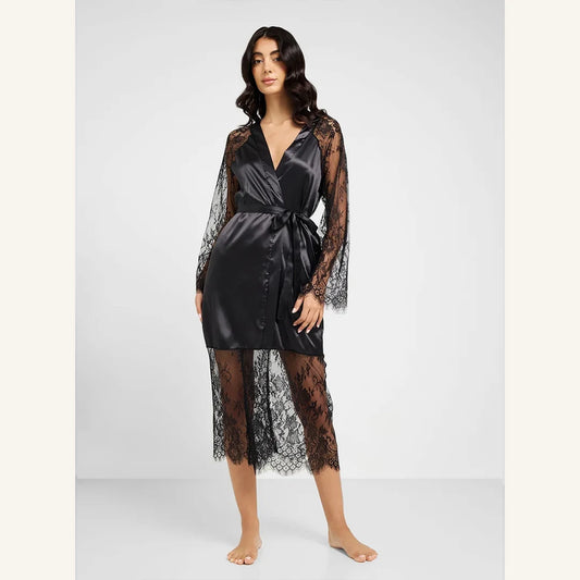 Elegant black women’s night robe with delicate lace trim and waist belt