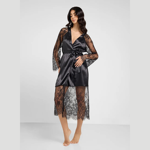 Black Night Robe with Lace Trim – Women’s Sleepwear
