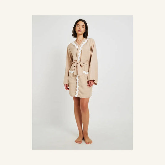 beige long lace trim robe with belt for women – elegant nightwear