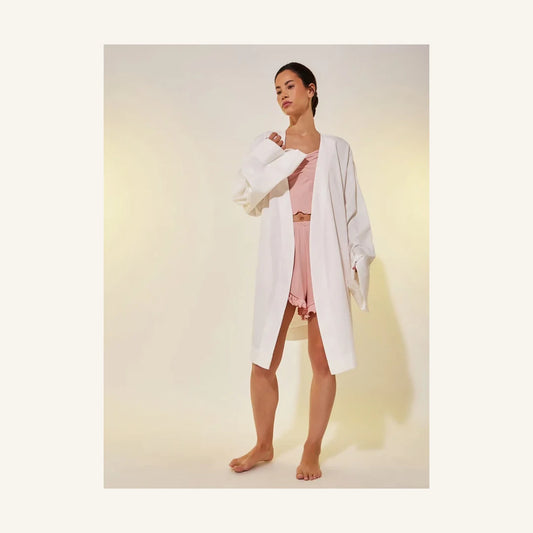Long Sleeve White Robe with Belted Tie for Women