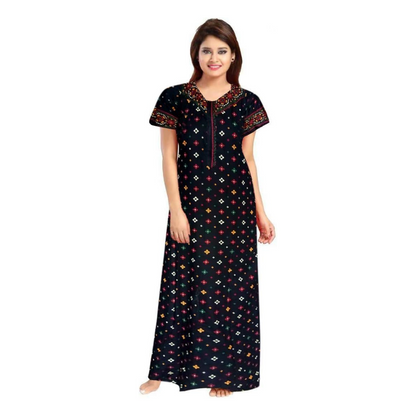 Women's Cotton Printed Maxi Night Gown Nighty (Black_Free Size) Fit For Every Girl