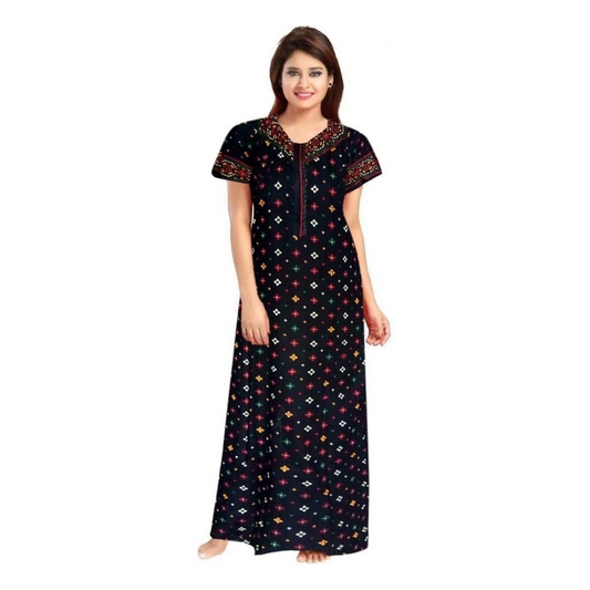 Women's Cotton Printed Maxi Night Gown Nighty (Black_Free Size) Fit For Every Girl
