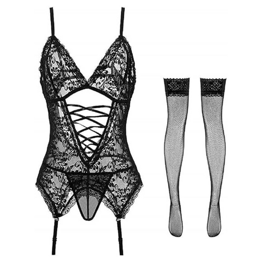 Women’s Black Lingerie Stretchy Lace Teddy Free Size Bodysuit Chemise Nightwear with Stockings