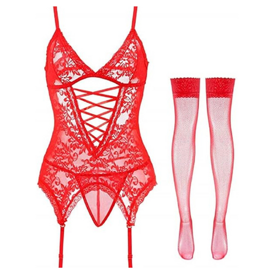 Women’s Red Lingerie Stretchy Lace Teddy Free Size Bodysuit Chemise Nightwear with Stockings