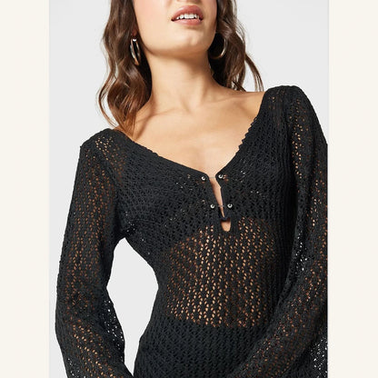black crochet maxi dress with v-neck bell sleeves and button details for women