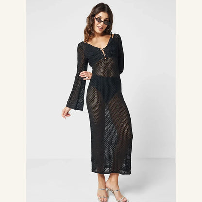 black crochet maxi dress with v-neck bell sleeves and button details for women