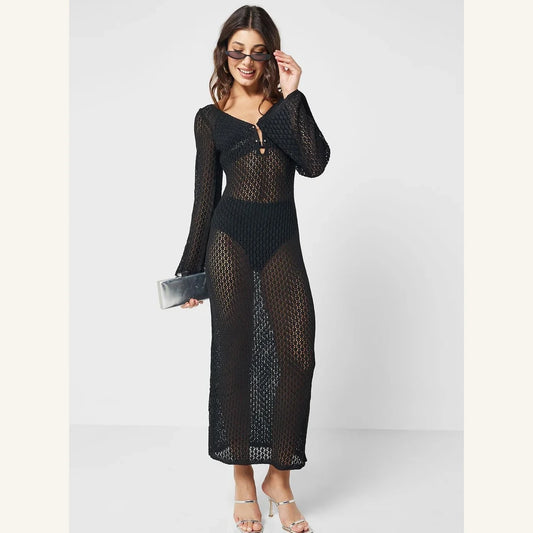 black crochet maxi dress with v-neck bell sleeves and button details for women