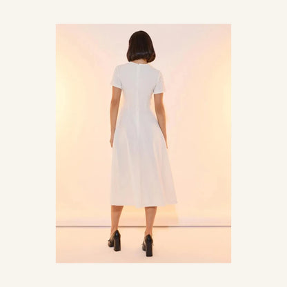 ivory bow accent round neck a-line midi dress for women