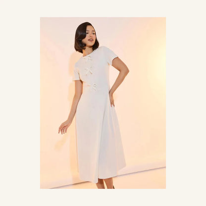 ivory bow accent round neck a-line midi dress for women