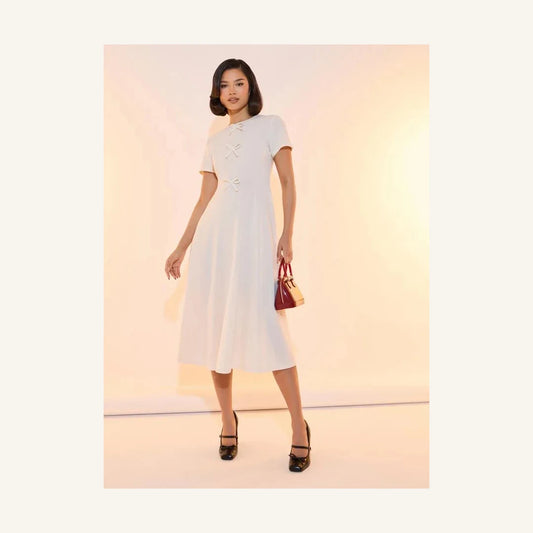 ivory bow accent round neck a-line midi dress for women