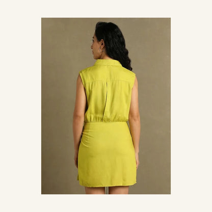 lime green chartreuse sleeveless wrap mini dress with collared neck