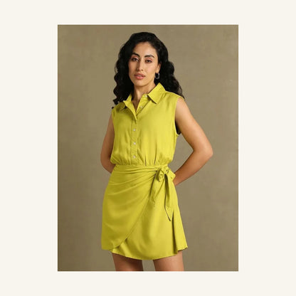 lime green chartreuse sleeveless wrap mini dress with collared neck