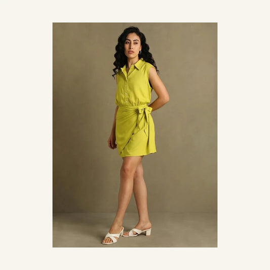 lime green chartreuse sleeveless wrap mini dress with collared neck