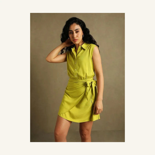 lime green chartreuse sleeveless wrap mini dress with collared neck