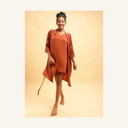 Clovia Rust Brown Satin Robe with Floral Print Belt for Women
