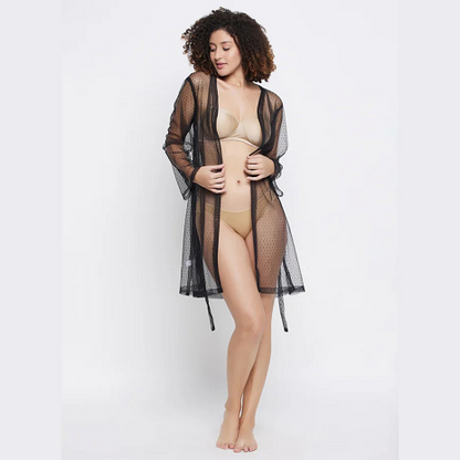 Sheer Black Robe with Tie Belt – Elegant Women’s Loungewear