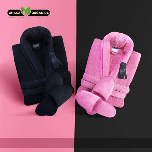 Luxury couple velour bathrobe and slipper set in lite pink and black organic cotton