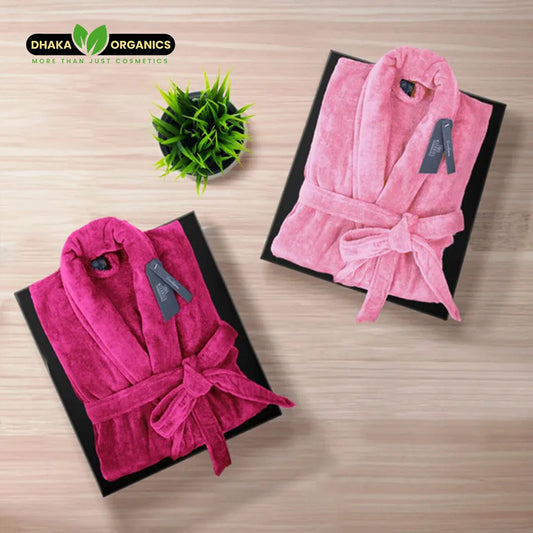 Luxury couple velour bathrobe set in lite pink and dark pink organic cotton