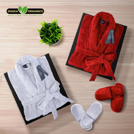 Luxury red and white couple velour bathrobe set with cotton slippers in gift box