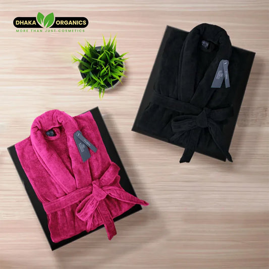 Luxury couple velour bathrobe set in black and dark pink with slippers, soft cotton towel gown