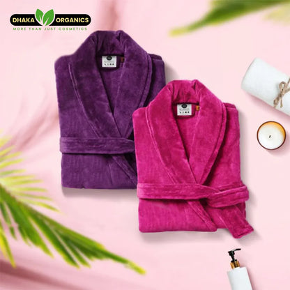 Couple velour bathrobe set in purple and dark pink with slippers, soft cotton luxury loungewear