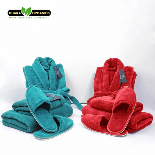 Couple velour bathrobe and towel set in chilly red and teal with slippers, soft cotton loungewear