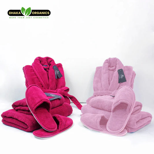 Luxury couple velour bathrobe and towel set in pink tones with slippers, soft cotton loungewear