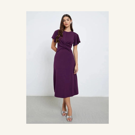 deep purple twist front sheath midi dress with round neck and short sleeves