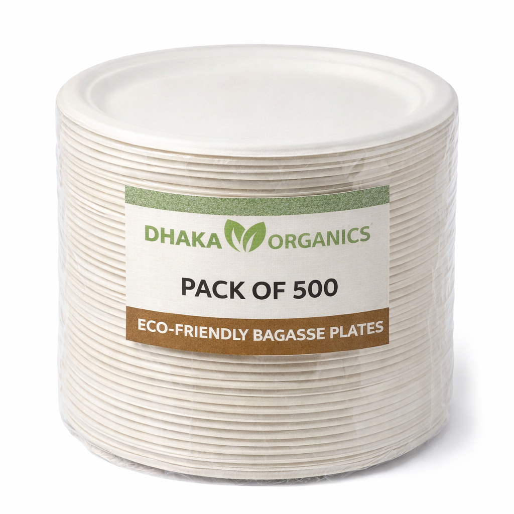 Stack of eco-friendly bagasse plates with Dhaka Organics label on a white background