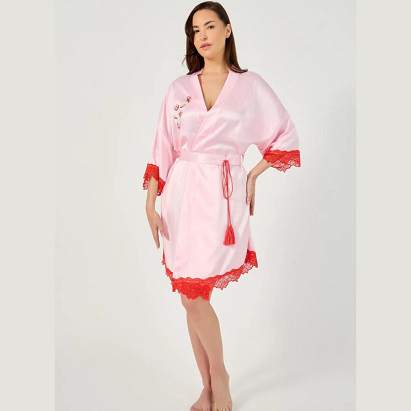 Pink Satin Floral Lace Tie-Up Robe – Elegant Women’s Sleepwear