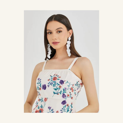 off white floral print sleeveless tiered midi dress with square neck