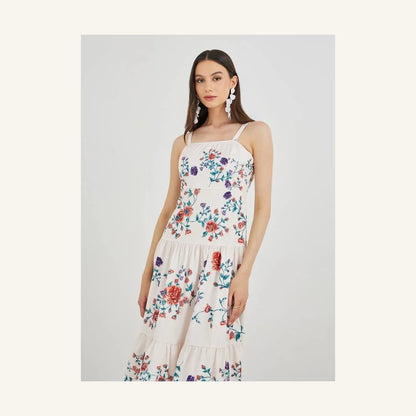 off white floral print sleeveless tiered midi dress with square neck