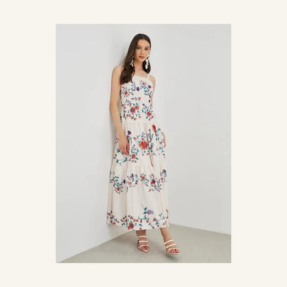 off white floral print sleeveless tiered midi dress with square neck