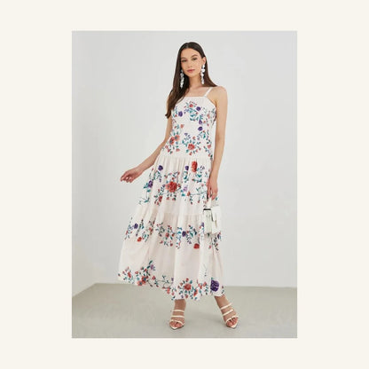 off white floral print sleeveless tiered midi dress with square neck