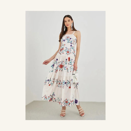 off white floral print sleeveless tiered midi dress with square neck