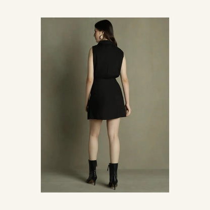 black sleeveless mini shirt dress with collared neck and tie waist