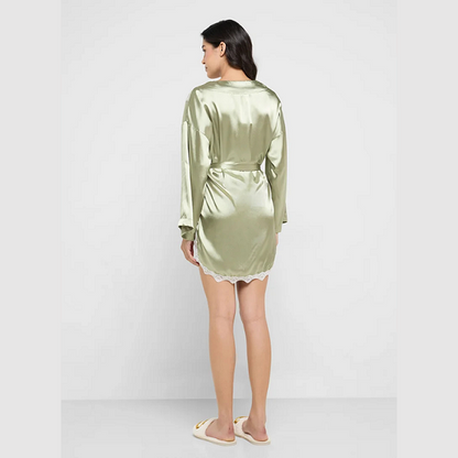 Ginger Green Satin Robe with Lace Detailing – Elegant Women’s Sleepwear
