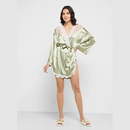 Ginger Green Satin Robe with Lace Detailing – Elegant Women’s Sleepwear