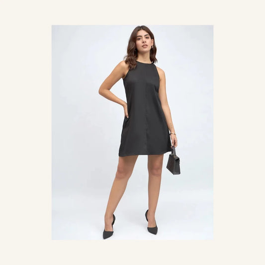 black sleeveless round neck a-line mini dress for women