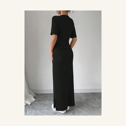 black solid round neck short sleeve bodycon midi dress for women