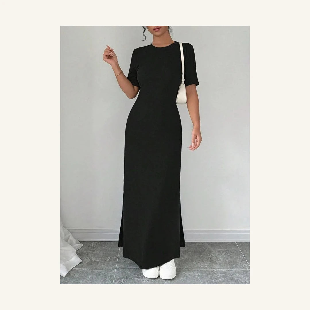 black solid round neck short sleeve bodycon midi dress for women