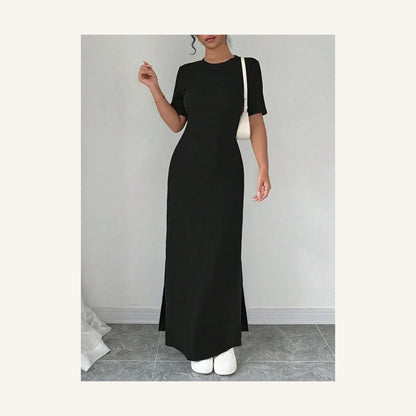 black solid round neck short sleeve bodycon midi dress for women