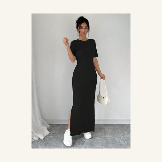 black solid round neck short sleeve bodycon midi dress for women