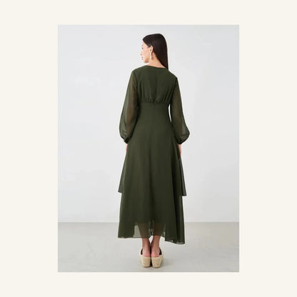 olive green gathered detail round neck long sleeve maxi dress for women